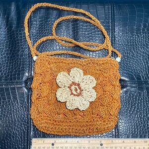 LIKE NEW Handcrafted Orange and Cream Crochet Bag approx 6 1/2” x 8”